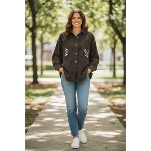 Disney Goofy & Mickey Mouse Embroidered Corduroy Button Down Shirt Women's Large